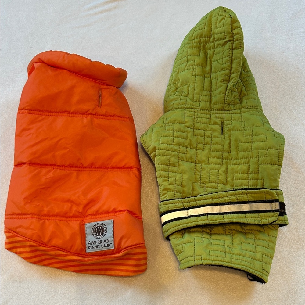 American Kennel Club Orange Puffer Dog Jacket + Green Quilted Hooded Dog Jacket